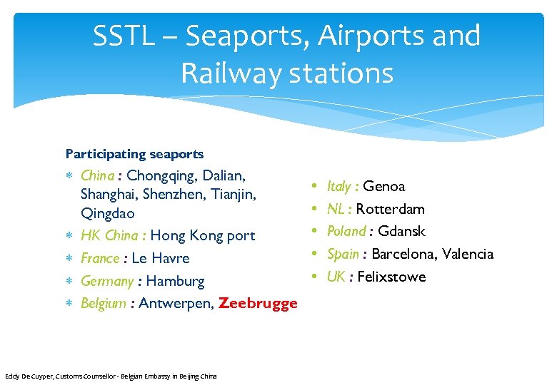 SSTL – Seaports, Airports and Railway stations Participating seaports China : Chongqing, Dalian, Shanghai,