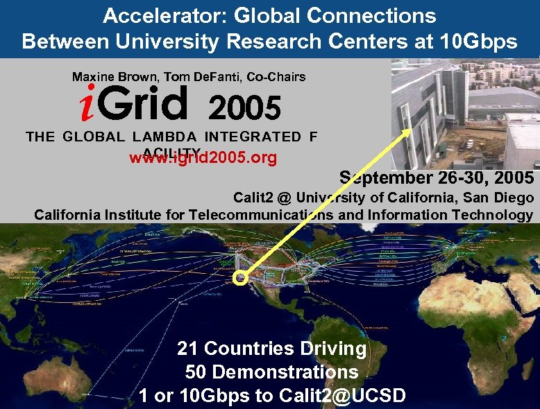 Accelerator: Global Connections Between University Research Centers at 10 Gbps Maxine Brown, Tom De.