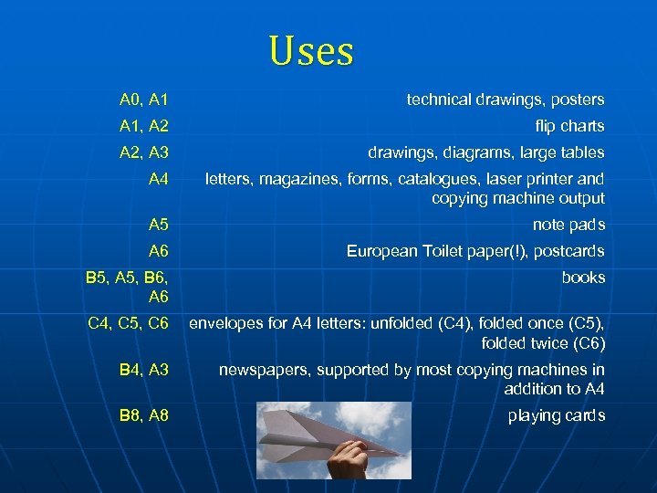 Uses A 0, A 1 technical drawings, posters A 1, A 2 flip charts