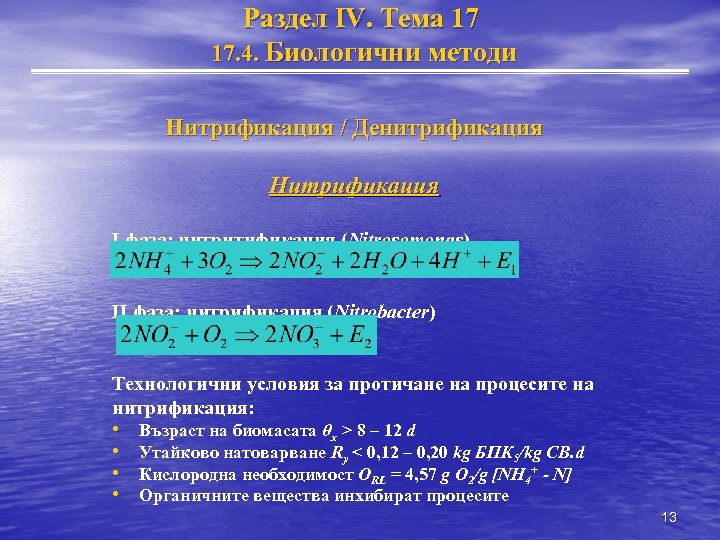 Раздел IV. Тема 17 17. 4. Биологични методи Нитрификация / Денитрификация Нитрификация I фаза:
