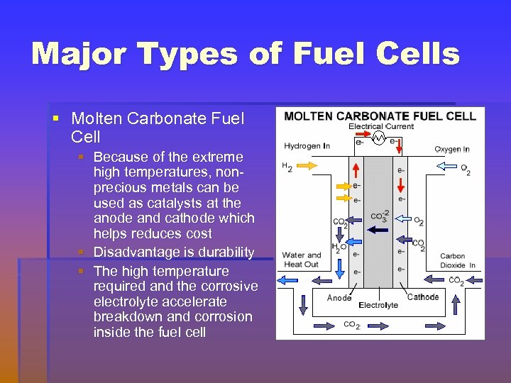Major Types of Fuel Cells § Molten Carbonate Fuel Cell § Because of the