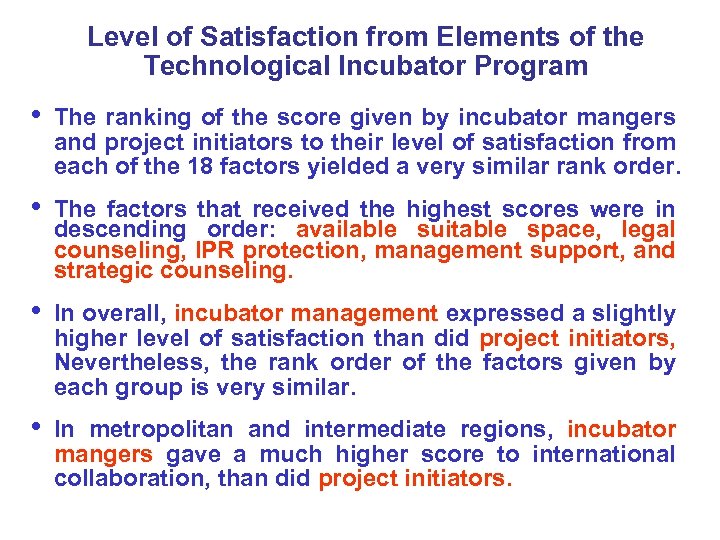 Level of Satisfaction from Elements of the Technological Incubator Program • The ranking of