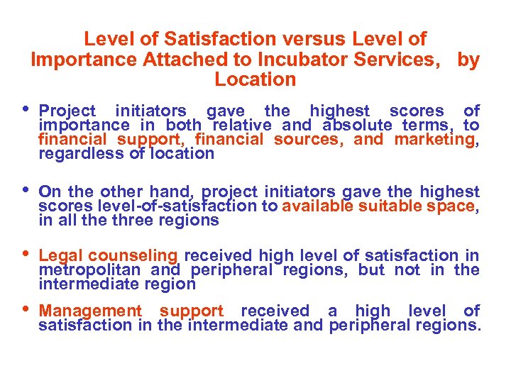 Level of Satisfaction versus Level of Importance Attached to Incubator Services, by Location •
