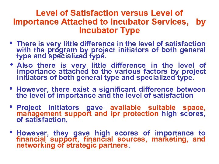 Level of Satisfaction versus Level of Importance Attached to Incubator Services, by Incubator Type