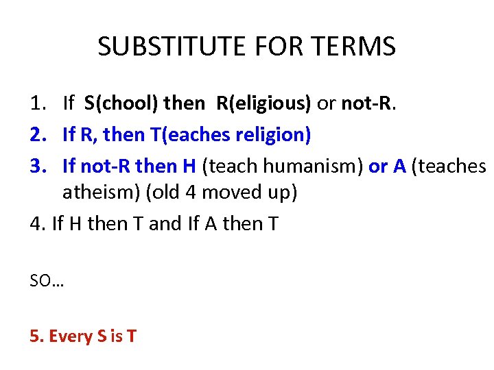 SUBSTITUTE FOR TERMS 1. If S(chool) then R(eligious) or not-R. 2. If R, then