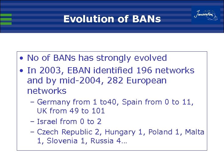 Evolution of BANs • No of BANs has strongly evolved • In 2003, EBAN