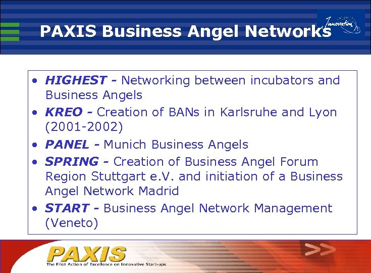 PAXIS Business Angel Networks • HIGHEST - Networking between incubators and Business Angels •