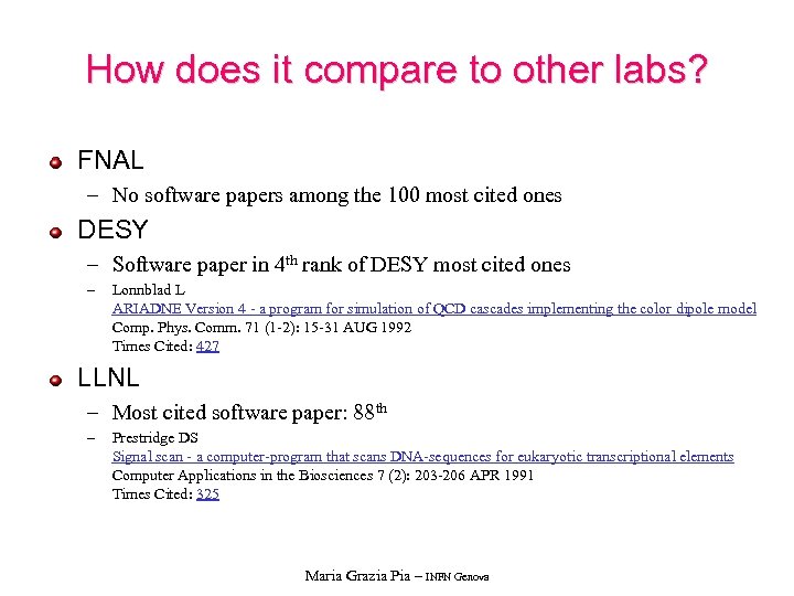 How does it compare to other labs? FNAL – No software papers among the