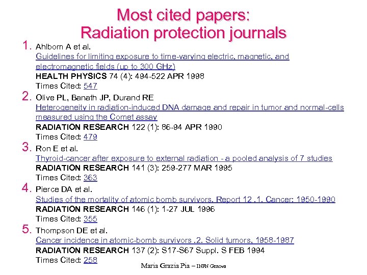 Most cited papers: Radiation protection journals 1. Ahlbom A et al. 2. 3. 4.