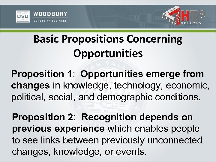 Basic Propositions Concerning Opportunities Proposition 1: Opportunities emerge from changes in knowledge, technology, economic,