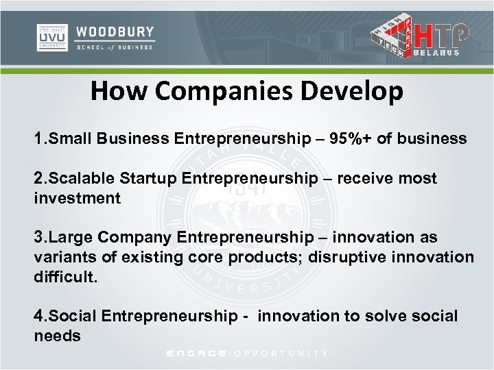 How Companies Develop 1. Small Business Entrepreneurship – 95%+ of business 2. Scalable Startup