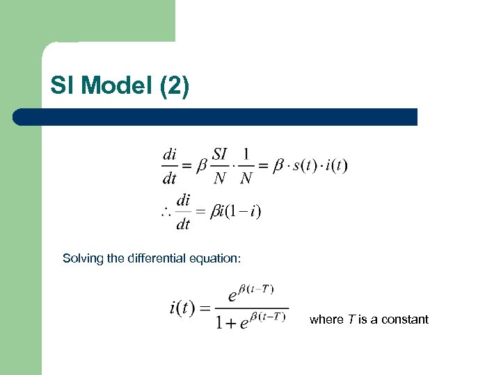 SI Model (2) Solving the differential equation: where T is a constant 