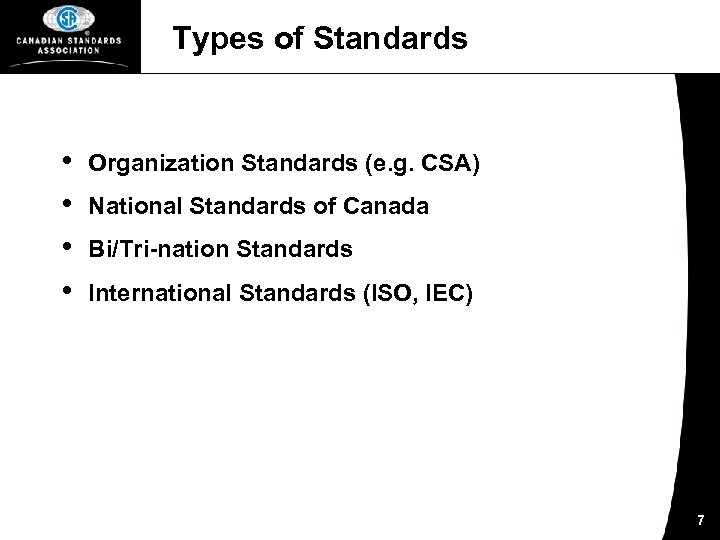 Types of Standards • • Organization Standards (e. g. CSA) National Standards of Canada