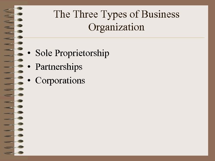 The Three Types of Business Organization • Sole Proprietorship • Partnerships • Corporations 