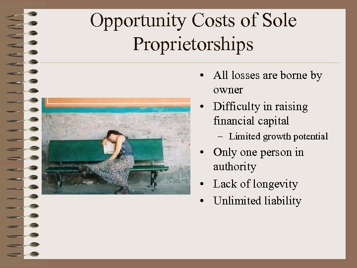 Opportunity Costs of Sole Proprietorships • All losses are borne by owner • Difficulty