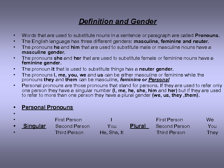 Definition and Gender • • Words that are used to substitute nouns in a