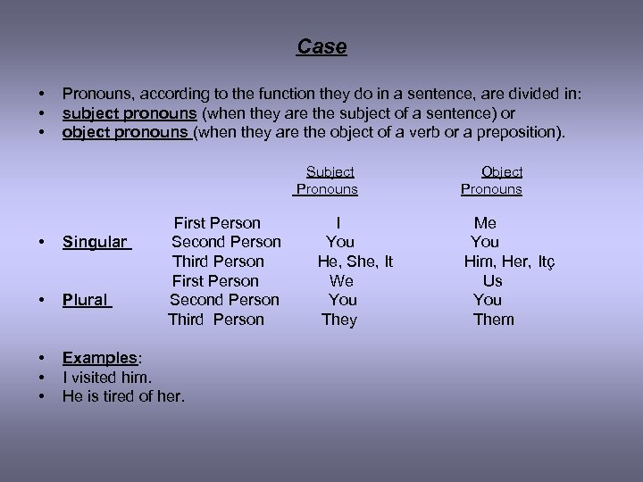 Case • • • Pronouns, according to the function they do in a sentence,