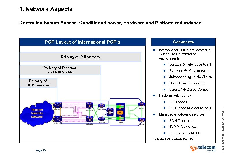 1. Network Aspects Controlled Secure Access, Conditioned power, Hardware and Platform redundancy POP Layout