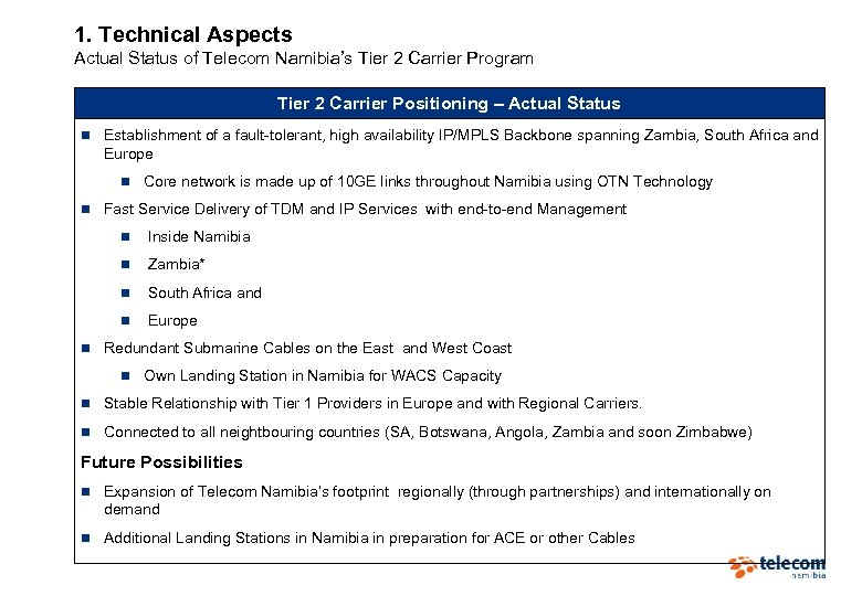 1. Technical Aspects Actual Status of Telecom Namibia’s Tier 2 Carrier Program Tier 2