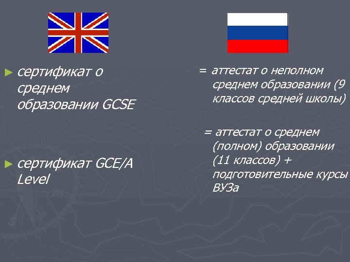 ► сертификат о среднем образовании GCSE ► сертификат Level GCE/A = аттестат о неполном
