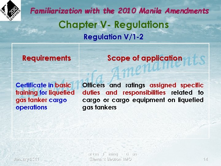 Familiarization with the 2010 Manila Amendments Chapter V- Regulations Regulation V/1 -2 Requirements Certificate