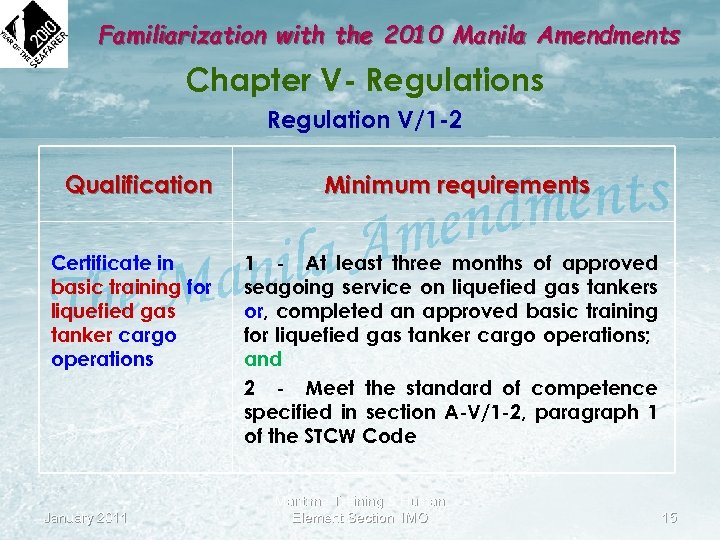 Familiarization with the 2010 Manila Amendments Chapter V- Regulations Regulation V/1 -2 Qualification Certificate