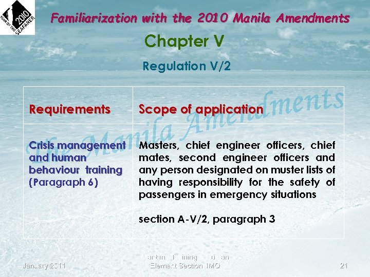 Familiarization with the 2010 Manila Amendments Chapter V Regulation V/2 Requirements Scope of application