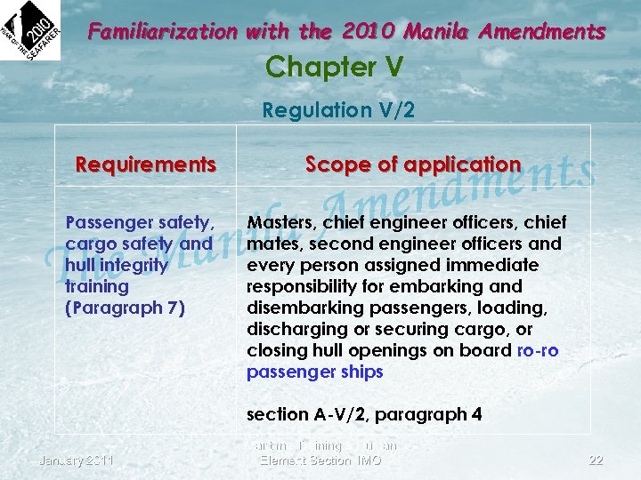 Familiarization with the 2010 Manila Amendments Chapter V Regulation V/2 Requirements Passenger safety, cargo