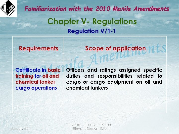 Familiarization with the 2010 Manila Amendments Chapter V- Regulations Regulation V/1 -1 Requirements Scope