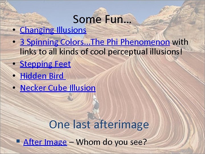 Some Fun… • Changing Illusions • 3 Spinning Colors. . . The Phi Phenomenon