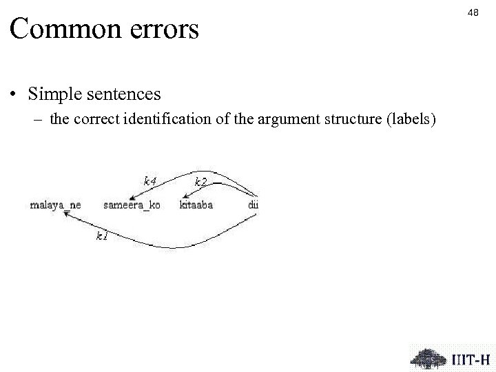 Common errors • Simple sentences – the correct identification of the argument structure (labels)