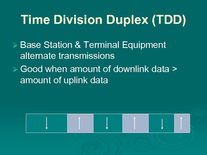 Time Division Duplex (TDD) Ø Base Station & Terminal Equipment alternate transmissions Ø Good