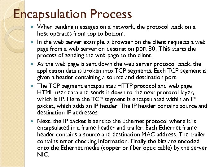 Encapsulation Process When sending messages on a network, the protocol stack on a host