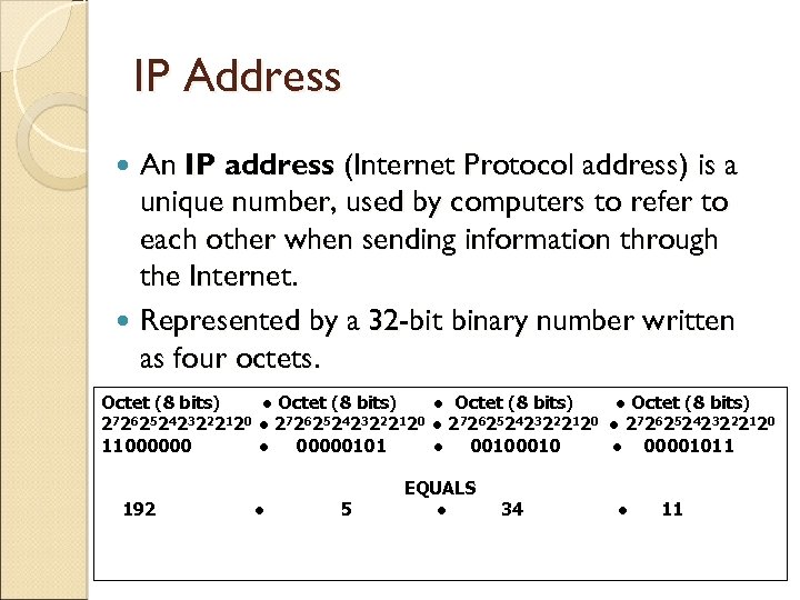 IP Address An IP address (Internet Protocol address) is a unique number, used by
