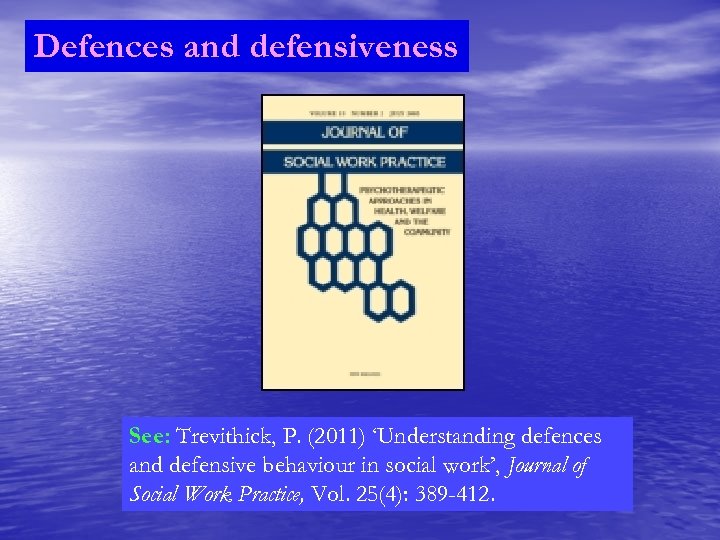 Defences and defensiveness See: Trevithick, P. (2011) ‘Understanding defences and defensive behaviour in social