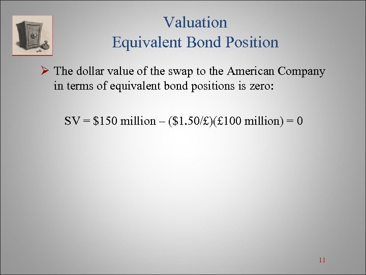 Valuation Equivalent Bond Position Ø The dollar value of the swap to the American