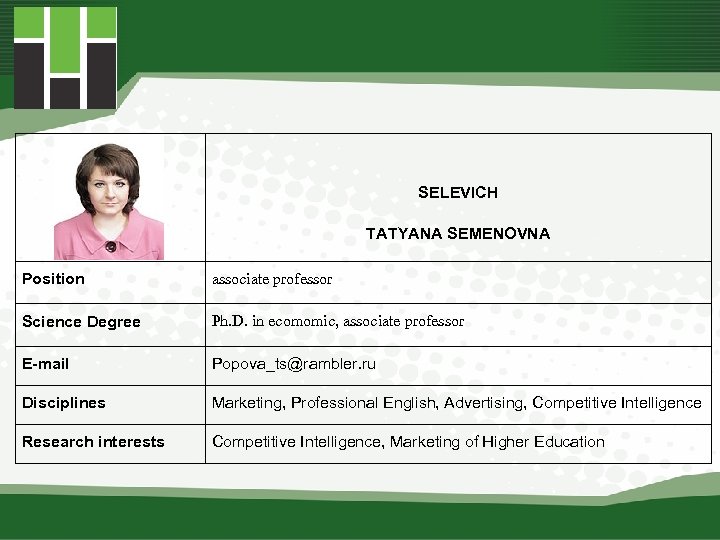  SELEVICH TATYANA SEMENOVNA Position associate professor Science Degree Ph. D. in ecomomic, associate