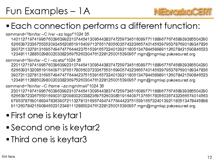 Fun Examples – 1 A § Each connection performs a different function: command=“/bin/tar –C