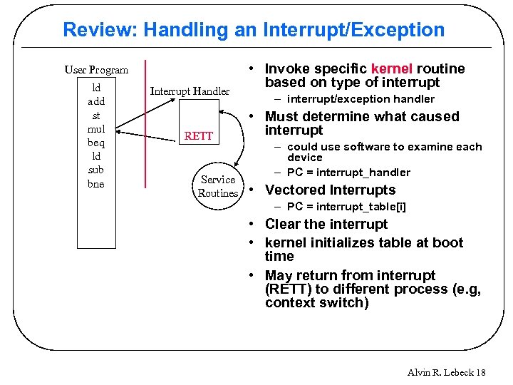 Review: Handling an Interrupt/Exception User Program ld add st mul beq ld sub bne