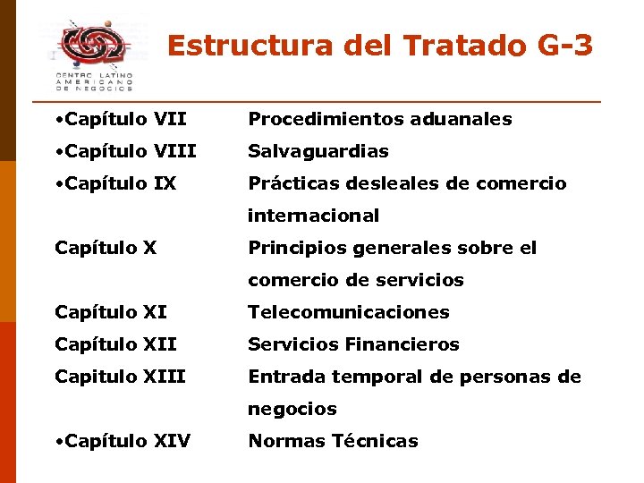 Estructura del Tratado G-3 • Capítulo VII Procedimientos aduanales • Capítulo VIII Salvaguardias •