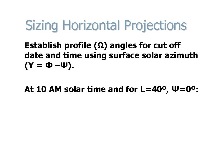 Sizing Horizontal Projections Establish profile (Ω) angles for cut off date and time using