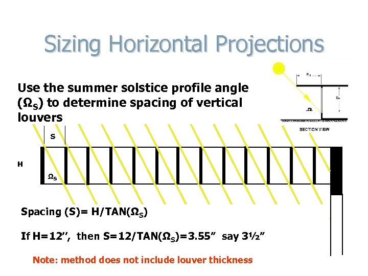 Sizing Horizontal Projections Use the summer solstice profile angle (ΩS) to determine spacing of