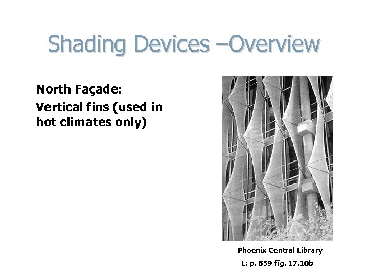 Shading Devices –Overview North Façade: Vertical fins (used in hot climates only) Phoenix Central