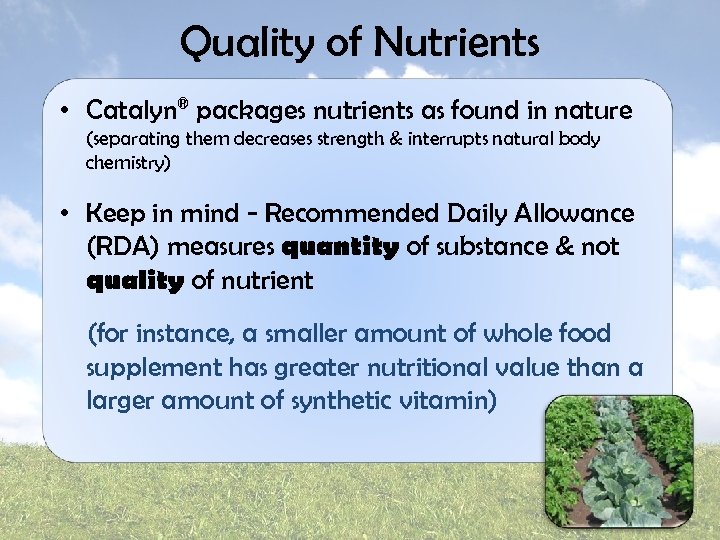 Quality of Nutrients • Catalyn® packages nutrients as found in nature (separating them decreases