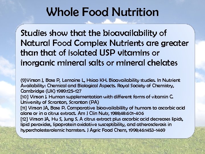 Whole Food Nutrition Studies show that the bioavailability of Natural Food Complex Nutrients are