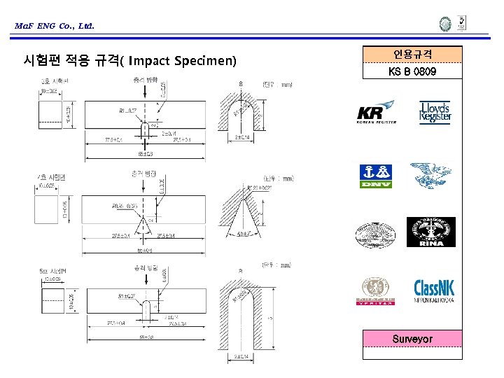 Ma. F ENG Co. , Ltd. 인용규격 시험편 적용 규격( Impact Specimen) KS B