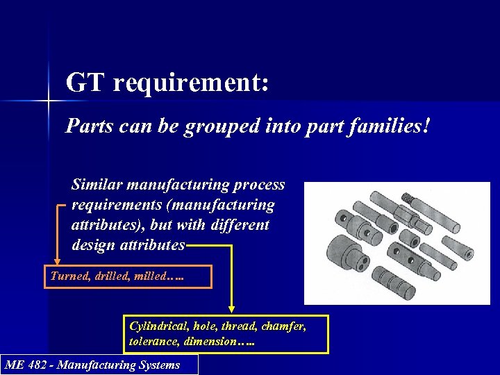 GT requirement: Parts can be grouped into part families! Similar manufacturing process requirements (manufacturing