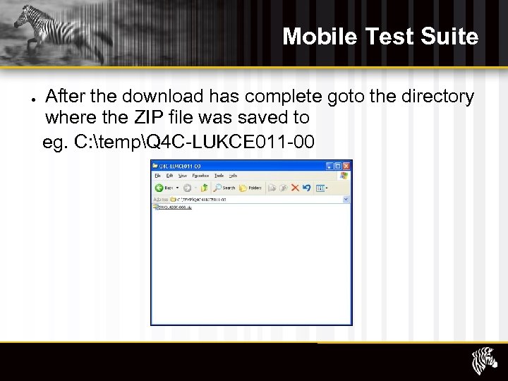 Mobile Test Suite After the download has complete goto the directory where the ZIP