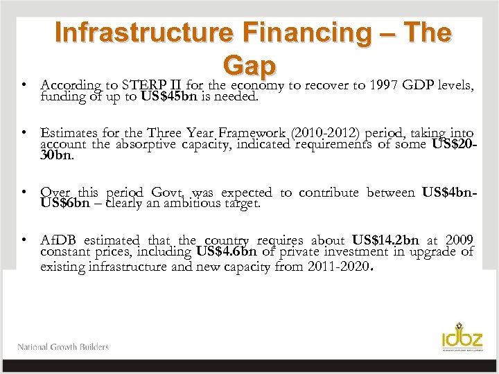  • Infrastructure Financing – The Gap According to STERP II for the economy