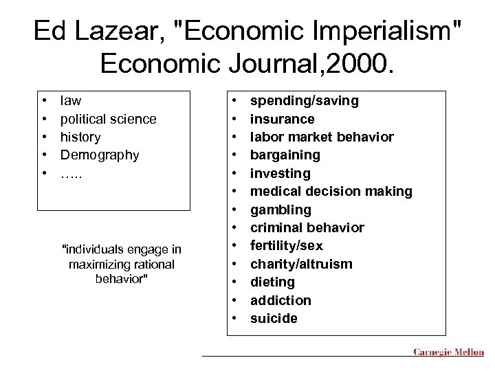 Ed Lazear, "Economic Imperialism" Economic Journal, 2000. • • • law political science history